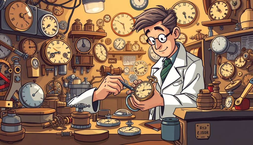 A whimsical, hand-drawn cartoon scene depicting a vibrant and dynamic workshop filled with intricate clockwork mechanisms, tools, and a variety of watch parts. The focal point is a skilled technician, dressed in a crisp, white lab coat, carefully repairing a delicate pocket watch using an array of delicate instruments. The background is a warm, sepia-toned color palette, creating a cozy, vintage atmosphere. Soft, directional lighting casts shadows and highlights the intricate details of the workshop, adding depth and dimension to the scene. The overall mood is one of focused concentration, passion, and the joy of craftsmanship.