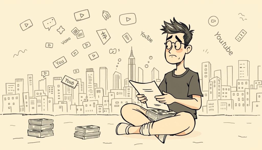 A whimsical, hand-drawn illustration depicting a YouTuber critically analyzing their revenue stream. In the foreground, the YouTuber sits cross-legged, meticulously examining stacks of dollar bills and financial reports. Their expression is one of thoughtful contemplation, with a touch of bemusement. In the middle ground, various YouTube icons and logos float in a playful, semi-abstract manner, hinting at the platform's influence. The background features a vibrant, cartoon-like cityscape, representing the broader online landscape. Warm, muted tones create a cozy, introspective atmosphere, while dynamic linework and sketchy textures lend an organic, handcrafted feel to the image.