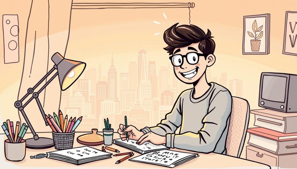 A whimsical, hand-drawn illustration of a charismatic YouTuber crafting their personal brand. In the foreground, the YouTuber sits at a cozy, well-lit desk, surrounded by an array of creative tools - markers, sketchpads, and a retro microphone. In the middle ground, a bustling cityscape fills the frame, representing the vibrant online community the YouTuber is a part of. In the background, a warm, dreamlike gradient sets the tone, evoking a sense of imagination and artistic expression. The overall composition conveys the YouTuber's passion for connecting with their audience and establishing a distinct, recognizable personal brand.