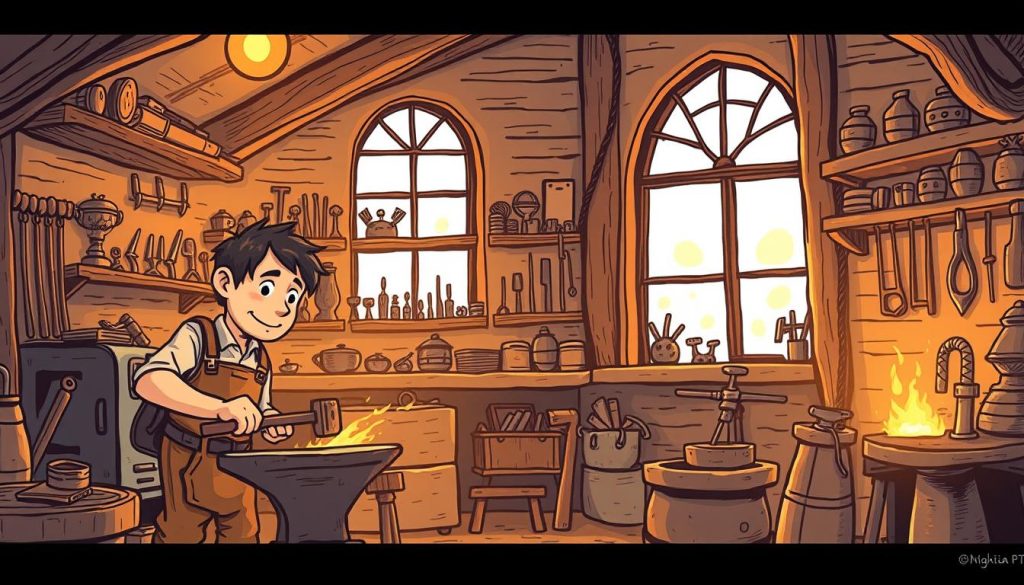 A whimsical, hand-drawn illustration of a traditional blacksmith's workshop, bathed in warm, cozy lighting. In the foreground, a skilled blacksmith hammers hot metal on an anvil, their face illuminated by the glow of the forge. In the middle ground, shelves display an array of intricately crafted tools and metalwork. The background features a large, arched window, allowing natural light to stream in and create a sense of depth and atmosphere. The overall mood is one of artistry, skill, and the timeless allure of handcrafted metal work, capturing the essence of the traditional blacksmith's craft.