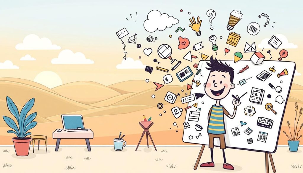 A whimsical, hand-drawn illustration of engaging content ideas. In the foreground, a cheerful character sketches out concepts on a whiteboard, surrounded by a swirl of vibrant, imaginative elements - playful icons, quirky shapes, and dynamic visual metaphors. The middle ground features a cozy, minimalist workspace, with a laptop, coffee mug, and other creative tools. The background depicts a serene, natural landscape, with rolling hills, fluffy clouds, and a warm, golden light. The overall mood is one of inspiration, creativity, and the joyful pursuit of fresh, compelling content.