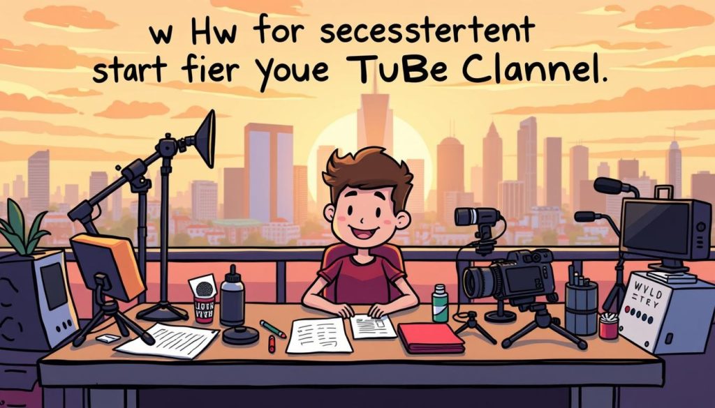 A whimsical, illustrated scene depicting the key essentials for starting a successful YouTube channel. In the foreground, a friendly, animated character sits at a desk, surrounded by a variety of creative tools - a microphone, camera, lighting equipment, and various notes and sketches. The middle ground showcases a vibrant, colorful backdrop, hinting at the dynamic and engaging content to be produced. In the background, a city skyline with tall buildings and a warm, golden-hour sky sets the stage for the channel's aspirations. The overall mood is one of excitement, inspiration, and a touch of playfulness, inviting the viewer to dive into the world of YouTube content creation. A whimsical, illustrated scene depicting the key essentials for starting a successful YouTube channel. In the foreground, a friendly, animated character sits at a desk, surrounded by a variety of creative tools - a microphone, camera, lighting equipment, and various notes and sketches. The middle ground showcases a vibrant, colorful backdrop, hinting at the dynamic and engaging content to be produced. In the background, a city skyline with tall buildings and a warm, golden-hour sky sets the stage for the channel's aspirations. The overall mood is one of excitement, inspiration, and a touch of playfulness, inviting the viewer to dive into the world of YouTube content creation.