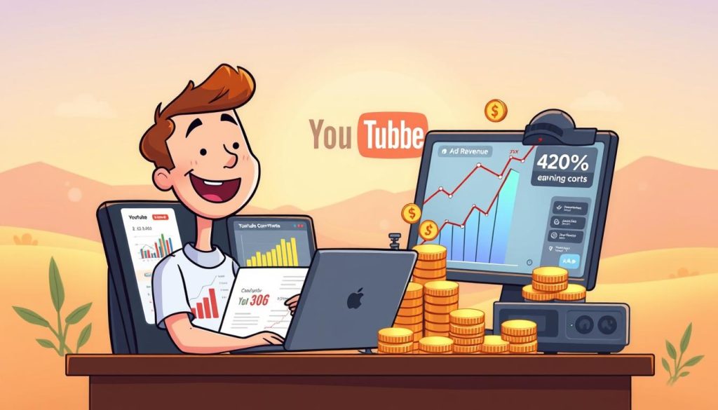A whimsical illustration of a YouTube earnings calculation, rendered in a vibrant cartoon style. In the foreground, a cheerful YouTuber sits at a desk, surrounded by colorful graphs and charts tracking their video performance metrics. In the middle ground, a playful animation depicts the various revenue streams - ad revenue, sponsorships, and more - flowing into a growing pile of coins. The background features a stylized YouTube logo and a serene, pastel-hued landscape, suggesting the creative freedom and financial potential of the platform. Warm, soft lighting casts a inviting glow over the scene, capturing the excitement and optimism of the YouTuber's journey.