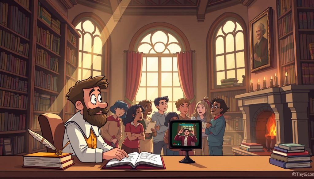 A whimsical illustration of the benefits of creating a classic literature-focused YouTube channel. In the foreground, an animated scholar sits at a desk, surrounded by towering bookshelves and an ornate writing quill. Rays of warm, golden light stream through a window, illuminating their contemplative expression. In the middle ground, a group of eager viewers gather around a tablet, watching the scholar's latest video. In the background, a cozy, old-world library scene with arched windows, velvet curtains, and a crackling fireplace. The overall mood is one of intellectual curiosity, shared knowledge, and the joy of exploring timeless literary works.