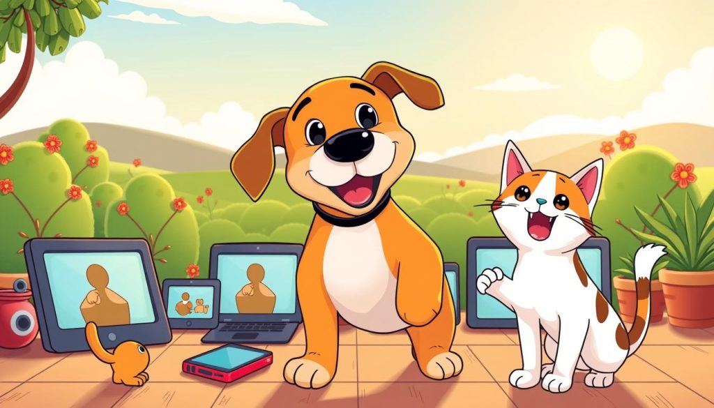 A whimsical illustration of the benefits of running a YouTube channel focused on showcasing beloved household pets. In the foreground, a charismatic dog and a curious cat engage in playful antics, capturing the hearts of viewers. The middle ground features an array of digital devices, symbolizing the reach and engagement of the channel. In the background, a serene, sun-drenched backdrop sets the stage for this delightful virtual menagerie. The scene is rendered in a vibrant, cartoon-inspired style, exuding a sense of warmth, joy, and the wonder of connecting with audiences through the power of animal companions. A whimsical illustration of the benefits of running a YouTube channel focused on showcasing beloved household pets. In the foreground, a charismatic dog and a curious cat engage in playful antics, capturing the hearts of viewers. The middle ground features an array of digital devices, symbolizing the reach and engagement of the channel. In the background, a serene, sun-drenched backdrop sets the stage for this delightful virtual menagerie. The scene is rendered in a vibrant, cartoon-inspired style, exuding a sense of warmth, joy, and the wonder of connecting with audiences through the power of animal companions.