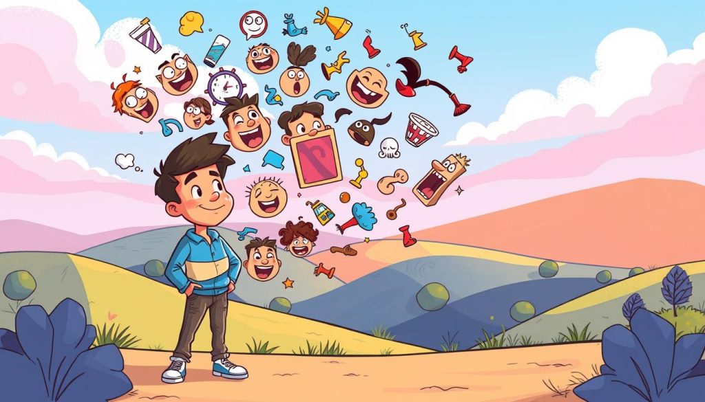 A whimsical scene depicting the impact of humorous content on personal branding. In the foreground, a cartoonish figure representing a social media influencer stands confidently, their image and reputation buoyed by a swirling cloud of colorful, playful animations surrounding them. In the middle ground, these animated elements - from silly facial expressions to absurd visual gags - dance and intertwine, creating a dynamic and engaging atmosphere. The background features a stylized landscape, with vibrant hues and abstract shapes that further emphasize the lighthearted, comedic tone. The overall composition conveys the power of humor to captivate audiences, strengthen personal brand identity, and leave a lasting, memorable impression.