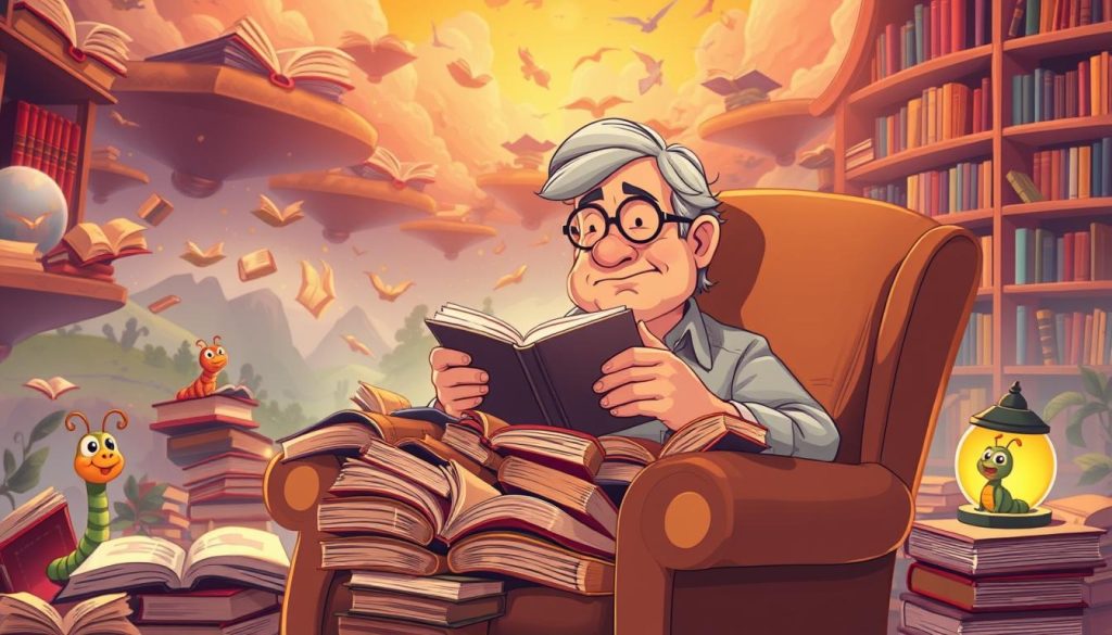 A whimsical scene depicting the importance of reading, with a middle-aged person lost in a magical world of books. The foreground shows an armchair overflowing with open volumes, inviting the viewer to dive in. The background features a fantastical landscape of floating books, casting a warm, cozy glow. Cartoon-style characters, such as bookworms and animated bookshelf creatures, add a playful, lighthearted touch, emphasizing the joy and enrichment that reading can bring at any age. The overall mood is one of tranquility, imagination, and the transformative power of the written word.
