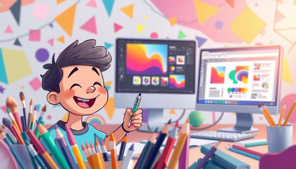 A whimsical scene depicting the process of content creation and graphic design tools. In the foreground, a cheerful illustrator wielding a digital pen, surrounded by a vibrant array of colorful brushes, pencils, and other creative implements. In the middle ground, a desktop computer displays a design interface, with windows showcasing various software applications. The background features a playful, abstract pattern of geometric shapes and vibrant hues, creating a dynamic and imaginative setting. Soft, diffused lighting casts a warm, inviting glow, capturing the joy and creativity inherent in the act of crafting digital content.