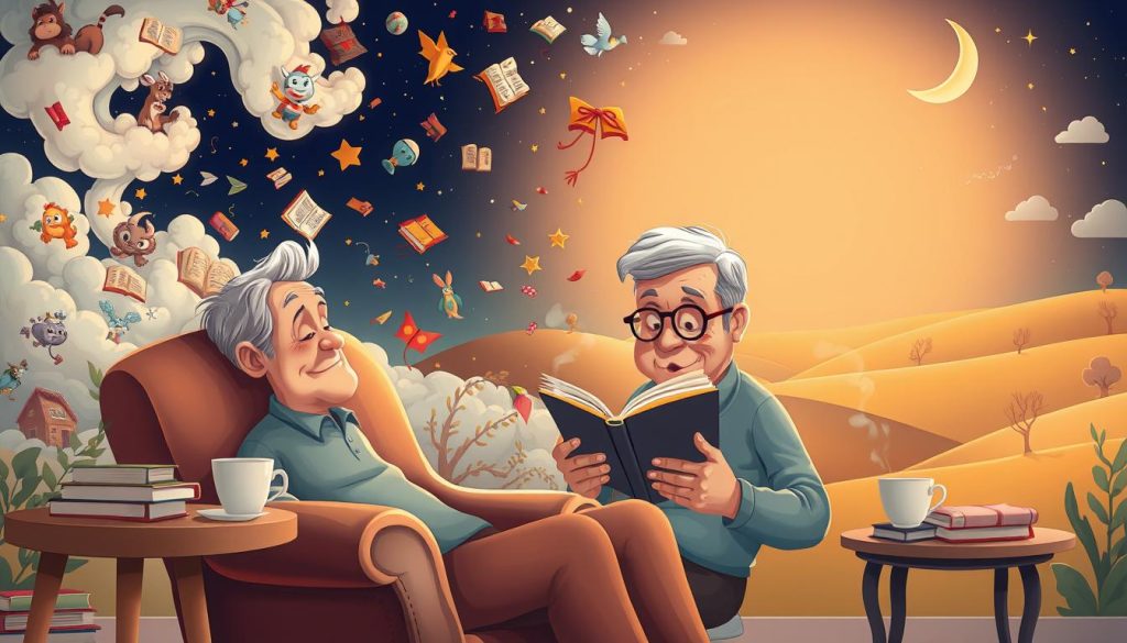 A whimsical scene of a middle-aged person engrossed in a book, surrounded by an imaginative storybook world. In the foreground, a cozy armchair and a side table with a steaming cup of tea. In the middle ground, swirling clouds of colorful illustrations, fantastical creatures, and floating books. In the background, a warm, dreamlike landscape with rolling hills, a starry night sky, and a crescent moon. Soft, diffused lighting creates a cozy, inviting atmosphere, encouraging the viewer to immerse themselves in the power of storytelling and its ability to inspire a love of reading.
