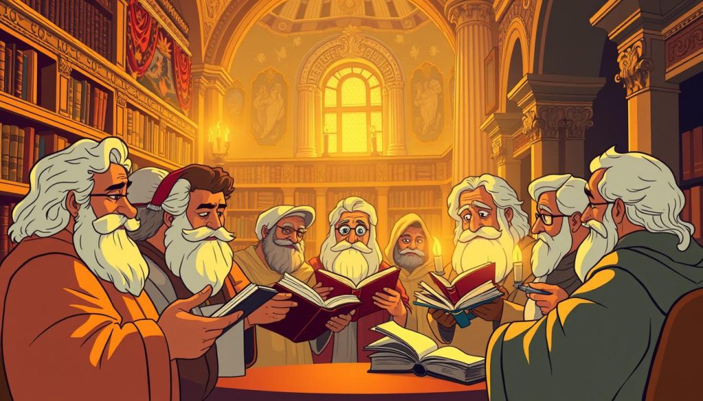 A whimsical scene of classical literature characters engaged in lively discourse, set against a vibrant backdrop of ornate library shelves and intricate tapestries. In the foreground, a group of philosophers and poets gesticulate animatedly, their expressions animated with the passion of intellectual exchange. The lighting is warm and inviting, casting a golden glow that imbues the scene with a sense of timelessness. In the middle ground, scholars pore over ancient tomes, their faces illuminated by the flickering flames of candles. The background is rich with the details of a classical library, featuring ornate columns, arched windows, and intricate architectural flourishes. The overall atmosphere is one of intellectual curiosity and the joy of shared knowledge, capturing the essence of "dialogue techniques in classical literature".