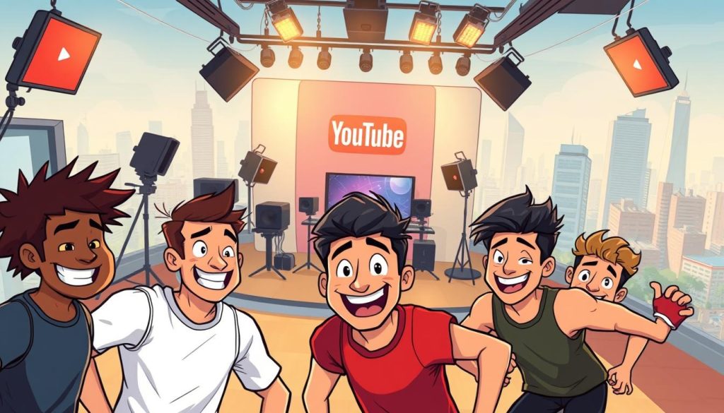 A whimsical, vibrant cartoon scene depicting the journey to YouTube success. In the foreground, a group of athletes engage in playful antics, their faces alight with mischievous grins. The middle ground showcases a sleek, modern studio setup, complete with recording equipment and a backdrop featuring the YouTube logo. In the background, a cityscape unfolds, with skyscrapers and bustling streets, symbolizing the vast potential of the online platform. The lighting is warm and inviting, creating a sense of energy and excitement. The overall mood is one of creativity, humor, and the thrill of building a successful YouTube channel.