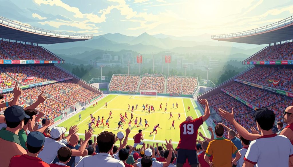 An action-packed sports arena filled with vibrant spectators, capturing the thrill and camaraderie of competitive events. In the foreground, a diverse group of athletes engage in a variety of disciplines, their movements frozen in time, exuding determination and skill. The middle ground showcases the grandstand, adorned with colorful banners and flags, as fans cheer on their favorite teams. In the background, a cityscape or landscape backdrop provides a sense of scale and context, highlighting the communal spirit and cultural significance of these sporting marvels. The lighting is dynamic, casting dramatic shadows and highlights, creating a sense of energy and excitement. The overall scene conveys the importance of sports in bringing people together, fostering a sense of community, and promoting physical and mental well-being. An action-packed sports arena filled with vibrant spectators, capturing the thrill and camaraderie of competitive events. In the foreground, a diverse group of athletes engage in a variety of disciplines, their movements frozen in time, exuding determination and skill. The middle ground showcases the grandstand, adorned with colorful banners and flags, as fans cheer on their favorite teams. In the background, a cityscape or landscape backdrop provides a sense of scale and context, highlighting the communal spirit and cultural significance of these sporting marvels. The lighting is dynamic, casting dramatic shadows and highlights, creating a sense of energy and excitement. The overall scene conveys the importance of sports in bringing people together, fostering a sense of community, and promoting physical and mental well-being.