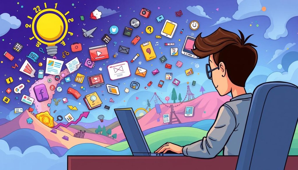 An artistic illustration of a person engaged in continuous content creation, depicted through a vibrant, cartoonish style. The foreground features a lively character sitting at a desk, surrounded by a swirl of ideas and inspirations emanating from a laptop screen. The middle ground showcases a dynamic, colorful landscape filled with varied media formats, such as video clips, social media posts, and written content, all interconnected and flowing seamlessly. The background presents a dreamlike, ethereal environment, hinting at the boundless potential and endless possibilities of sustained, high-quality content production. The overall scene conveys a sense of boundless creativity, productivity, and the rewarding journey of consistent, engaging content creation.