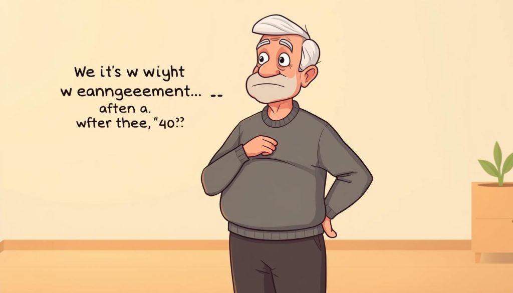 An elderly man standing in a thoughtful pose, his expression conveying the importance of weight management after the age of 40. The scene is set in a minimalist, well-lit environment, with warm hues and a sense of tranquility. The man's posture suggests a newfound awareness of his health, and the overall atmosphere encourages a contemplative, introspective mood. The image should convey the significance of maintaining a healthy weight as one grows older, with a touch of whimsical, cartoon-inspired elements to create a relatable and engaging visual.
