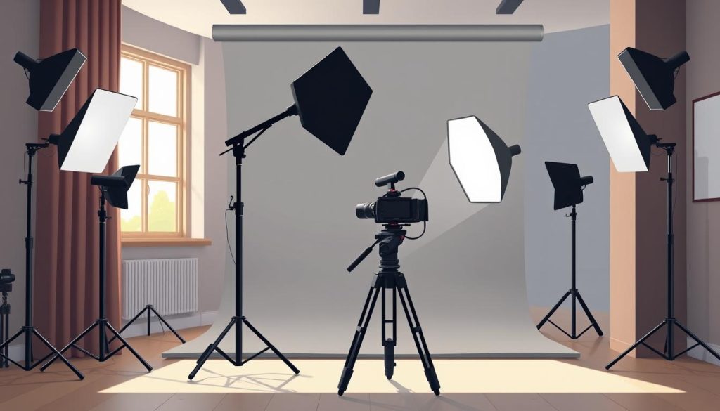 An elegant, professionally-lit video recording setup with high-quality camera and lighting equipment. The scene shows a well-appointed studio with a large window providing natural side lighting, and a large softbox providing even, flattering illumination from the front. In the center, a modern, high-definition video camera on a sturdy tripod is positioned, ready to capture flawless footage. The background is a simple but stylish grey backdrop, allowing the subject to be the focus. The overall mood is calm, focused, and conducive to creating professional-grade video content.