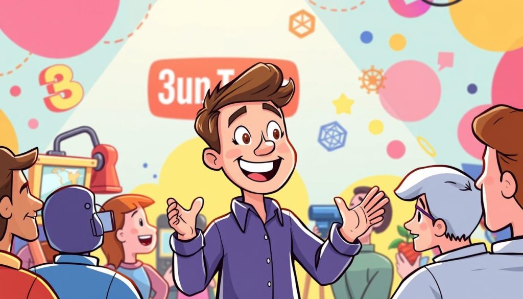 An energetic and whimsical cartoon illustration depicting the management and promotion of a 3D printing-focused YouTube channel. In the foreground, a friendly and enthusiastic host animatedly gestures while presenting content to an engaged audience. The middle ground features various 3D printed objects and a colorful, playful background of abstract shapes and patterns. The lighting is bright and vibrant, conveying a sense of creativity and excitement. The overall scene captures the spirit of the channel's subject matter and the joy of sharing innovative 3D printing projects with an eager community. An energetic and whimsical cartoon illustration depicting the management and promotion of a 3D printing-focused YouTube channel. In the foreground, a friendly and enthusiastic host animatedly gestures while presenting content to an engaged audience. The middle ground features various 3D printed objects and a colorful, playful background of abstract shapes and patterns. The lighting is bright and vibrant, conveying a sense of creativity and excitement. The overall scene captures the spirit of the channel's subject matter and the joy of sharing innovative 3D printing projects with an eager community.