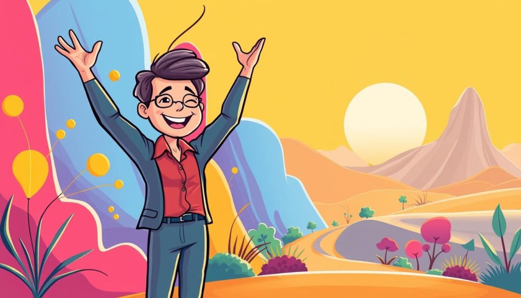 An energetic, vibrant scene depicting the benefits of a career change in midlife. In the foreground, a cheerful, middle-aged professional stands confidently, arms raised in a celebratory gesture, radiating a sense of renewed purpose and fulfillment. In the middle ground, colorful, abstract shapes and dynamic lines suggest a transformative journey, a break from the routine. The background features a warm, sun-drenched landscape, symbolizing the bright, hopeful future that awaits. The overall composition conveys a playful, optimistic mood, inspiring the viewer to embrace the possibilities of a midlife career shift. Rendered in a whimsical, cartoon-like style, the image captures the excitement and personal growth that can come with a professional reinvention. An energetic, vibrant scene depicting the benefits of a career change in midlife. In the foreground, a cheerful, middle-aged professional stands confidently, arms raised in a celebratory gesture, radiating a sense of renewed purpose and fulfillment. In the middle ground, colorful, abstract shapes and dynamic lines suggest a transformative journey, a break from the routine. The background features a warm, sun-drenched landscape, symbolizing the bright, hopeful future that awaits. The overall composition conveys a playful, optimistic mood, inspiring the viewer to embrace the possibilities of a midlife career shift. Rendered in a whimsical, cartoon-like style, the image captures the excitement and personal growth that can come with a professional reinvention.