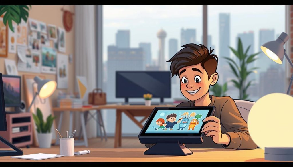 An engaging video content creation scene, featuring a charismatic animator at work. In the foreground, they skillfully manipulate a tablet, crafting vibrant, expressive cartoon characters. The middle ground showcases a cozy, well-equipped studio space, complete with a backdrop of inspirational mood boards and playful sketches. The background subtly hints at a bustling city skyline, conveying a sense of creative energy and connection. Soft, diffused lighting gently accentuates the animator's focused expression and the fluid motions of their digital creations. The overall atmosphere is one of passion, innovation, and a playful, youthful spirit, perfectly capturing the essence of creating captivating video content.