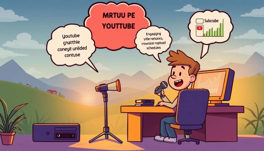 An illustrated scene depicting the essential requirements for generating income on YouTube. In the foreground, a cartoon character sits at a desk, surrounded by a microphone, camera, and computer - the core tools of the modern content creator. In the middle ground, a series of thought bubbles showcase the key elements needed for monetization: engaging video content, a growing subscriber base, and consistent upload schedule. In the background, a stylized landscape of YouTube analytics, revenue metrics, and trending topics provides the larger context for successful YouTube entrepreneurship. Warm lighting, a dynamic camera angle, and a vibrant color palette capture the excitement and potential of building a thriving YouTube channel. An illustrated scene depicting the essential requirements for generating income on YouTube. In the foreground, a cartoon character sits at a desk, surrounded by a microphone, camera, and computer - the core tools of the modern content creator. In the middle ground, a series of thought bubbles showcase the key elements needed for monetization: engaging video content, a growing subscriber base, and consistent upload schedule. In the background, a stylized landscape of YouTube analytics, revenue metrics, and trending topics provides the larger context for successful YouTube entrepreneurship. Warm lighting, a dynamic camera angle, and a vibrant color palette capture the excitement and potential of building a thriving YouTube channel.