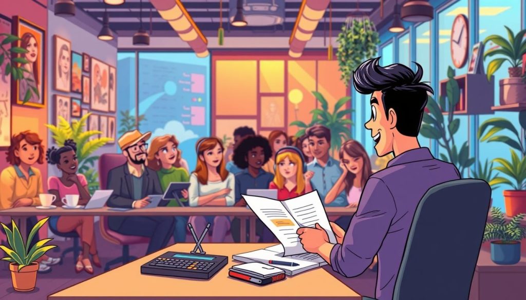 An illustration of a content creator captivating their audience with engaging, high-quality content. In the foreground, a lively character sits at a desk, their expression animated as they craft compelling narratives. The middle ground features a vibrant, dynamic scene with diverse viewers, each intently focused on the content being presented. The background showcases a modern, visually striking workspace filled with inspiring elements like artworks, gadgets, and greenery, all illuminated by warm, inviting lighting. The overall atmosphere exudes a sense of creativity, passion, and the power of content to connect with and captivate an audience.