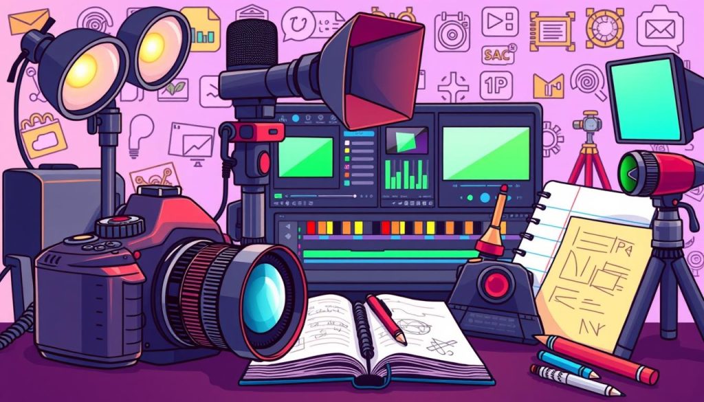 An illustration of various video production tools and equipment arranged in a vibrant, colorful composition. In the foreground, a high-quality DSLR camera, a professional microphone, and a set of studio lights create a dynamic focal point. In the middle ground, a video editing software interface and a filmmaker's notebook with sketches and notes add depth and context. The background features a collage of icons and graphics representing other essential video production tools such as tripods, green screens, and video effects software. The overall scene conveys a sense of creativity, technology, and the various elements necessary for crafting engaging and high-quality video content. An illustration of various video production tools and equipment arranged in a vibrant, colorful composition. In the foreground, a high-quality DSLR camera, a professional microphone, and a set of studio lights create a dynamic focal point. In the middle ground, a video editing software interface and a filmmaker's notebook with sketches and notes add depth and context. The background features a collage of icons and graphics representing other essential video production tools such as tripods, green screens, and video effects software. The overall scene conveys a sense of creativity, technology, and the various elements necessary for crafting engaging and high-quality video content.