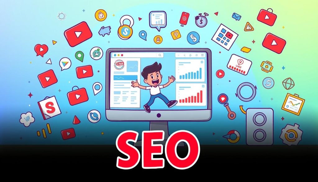 An image of "SEO یوتیوب" that reflects the subject and section title: A colorful and whimsical cartoon illustration depicting a computer screen surrounded by various SEO-related icons and symbols. In the center, a playful character resembling a YouTuber surfs the screen, navigating through YouTube analytics and optimization tools. The background features a vibrant gradient of blues and greens, creating a dynamic and engaging atmosphere. Detailed elements such as search engine logos, magnifying glasses, and web traffic charts fill the scene, conveying the technical aspects of YouTube SEO in a visually appealing and approachable manner.