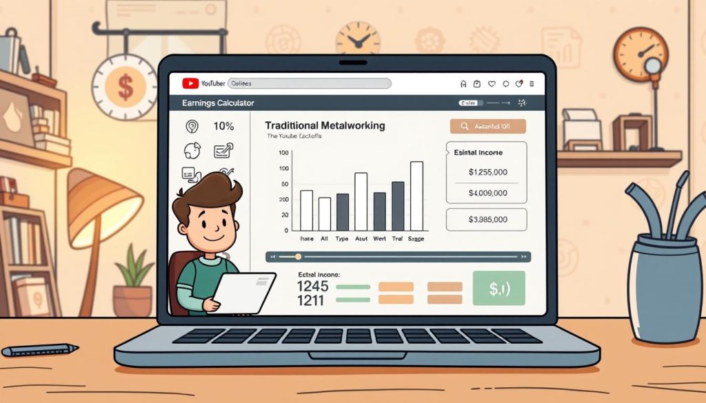An image of a YouTuber's earnings calculator displayed on a laptop screen, showcasing a whimsical and cartoon-like aesthetic. The foreground features a friendly-looking YouTuber character sitting at a desk, surrounded by various icons and graphical elements representing YouTube analytics, revenue streams, and monetization tools. The middle ground depicts a stylized bar chart or graph displaying the YouTuber's estimated income, while the background portrays a cozy, minimalist workspace with warm lighting and subtle patterns. The overall mood is cheerful, informative, and visually engaging, reflecting the article's focus on the traditional metalworking YouTube channel.