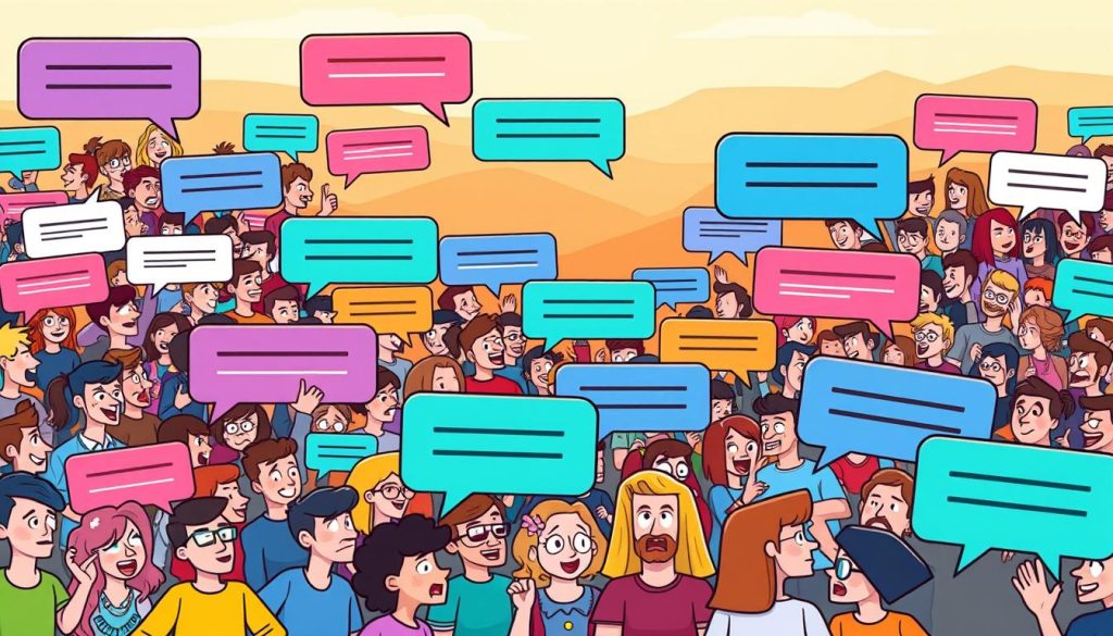 An intricate scene of a bustling web forum, with vibrant speech bubbles representing diverse user comments. The foreground features an array of cartoon characters enthusiastically sharing their thoughts and feedback, their expressions and gestures conveying a range of emotions. The middle ground showcases a collage of user avatars, icons, and social media symbols, creating a sense of interactive engagement. In the background, a warm, soft-focus landscape depicts a serene setting, suggesting a welcoming and inclusive online community. The lighting is natural and diffused, casting a gentle glow over the entire composition. The overall mood is one of lively discussion, active participation, and a genuine interest in user input.