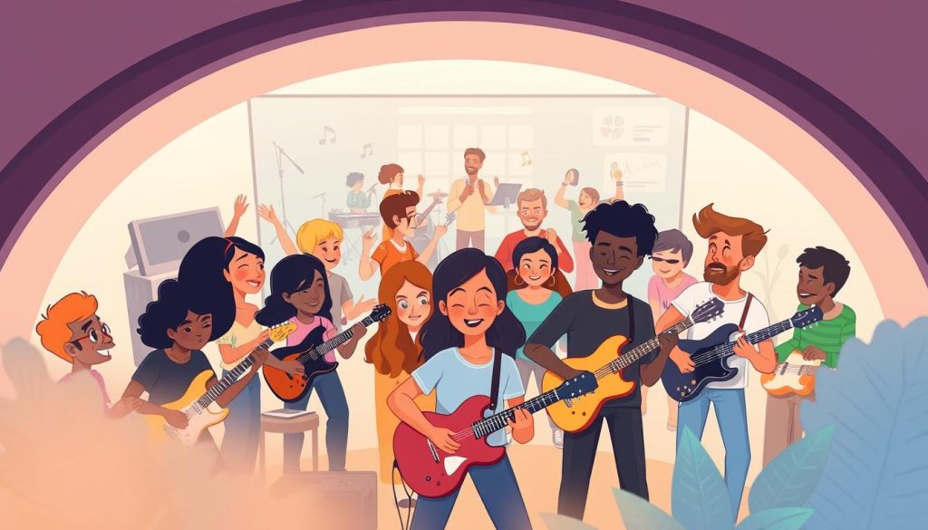An online community of passionate musicians gathered in a vibrant, digital haven. The foreground features a lively group of diverse individuals, each engrossed in their musical instruments - guitars, keyboards, and more. The middle ground showcases a collaborative atmosphere, with people sharing ideas, techniques, and encouragement. In the background, a sleek, minimalist interface hints at the seamless connectivity and vast resources available within this engaging online space. Soft, warm lighting sets a welcoming tone, inviting users to explore, learn, and grow together in their musical journeys, unbound by geographical barriers. Cartoon-style illustrations bring a playful, approachable feel to this dynamic, supportive online community. An online community of passionate musicians gathered in a vibrant, digital haven. The foreground features a lively group of diverse individuals, each engrossed in their musical instruments - guitars, keyboards, and more. The middle ground showcases a collaborative atmosphere, with people sharing ideas, techniques, and encouragement. In the background, a sleek, minimalist interface hints at the seamless connectivity and vast resources available within this engaging online space. Soft, warm lighting sets a welcoming tone, inviting users to explore, learn, and grow together in their musical journeys, unbound by geographical barriers. Cartoon-style illustrations bring a playful, approachable feel to this dynamic, supportive online community.