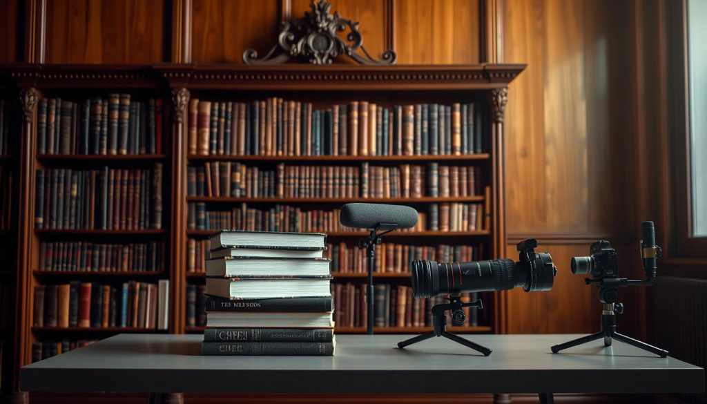 An ornate, well-stocked bookshelf against a warm, wood-paneled wall serves as the backdrop for a thoughtfully curated book review channel. Soft, diffused lighting casts a cozy glow, accentuating the rich textures of the leather-bound volumes. In the foreground, a modern, minimalist table displays a carefully arranged stack of books, a high-quality microphone, and a sleek, professional-grade camera. The overall aesthetic conveys an atmosphere of intellectual engagement, creative inspiration, and artistic sensibility, drawing the viewer into the world of literary critique and discussion.