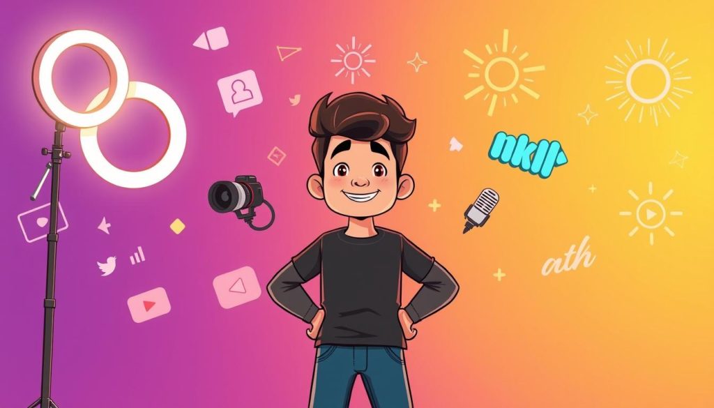 An uplifting cartoon scene of a YouTuber standing confidently in the foreground, surrounded by playful icons and symbols representing the key techniques for YouTube success - a glowing ring light, a professional camera, a microphone, social media icons, analytics graphs, and colorful bursts of inspiration. The background is a vibrant, dynamic gradient, setting an energetic and motivating tone. Warm, natural lighting illuminates the YouTuber, creating an inviting, encouraging atmosphere. The overall composition conveys a sense of optimism, creativity, and the potential for growth and achievement in the world of YouTube content creation.