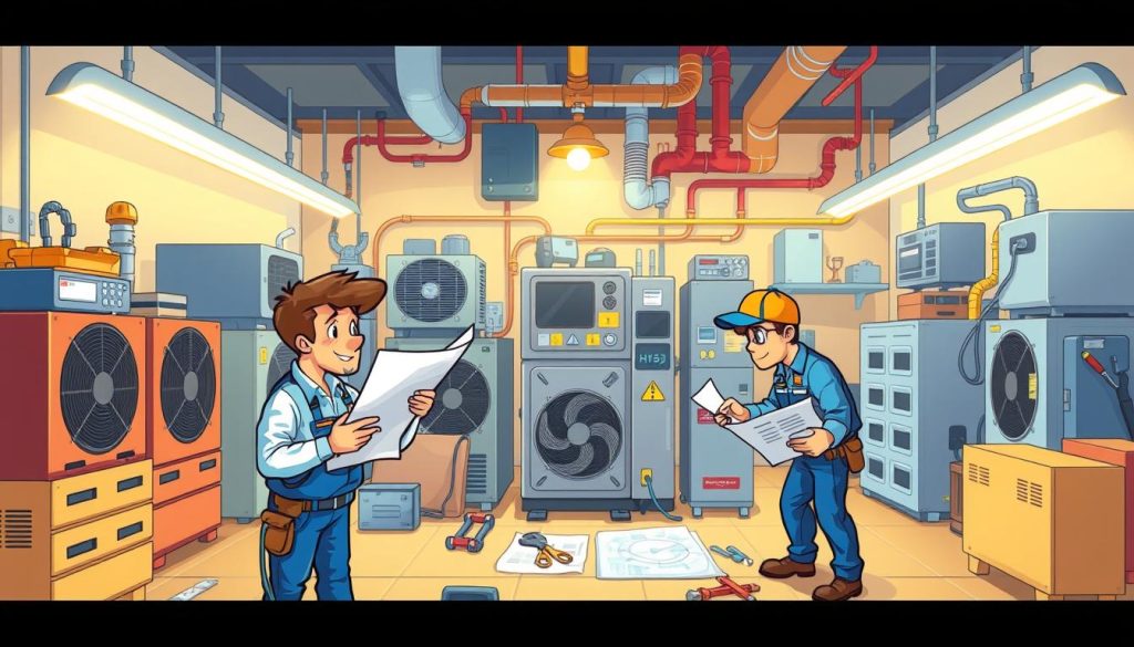 Detailed illustration of a HVAC repair market analysis, showcasing a bustling workshop with technicians hard at work. Vibrant color palette, cartoon-style characters examining blueprints and tools, surrounded by various HVAC units and equipment. Bright lighting illuminates the scene, giving a sense of technical expertise and problem-solving. Foreground features the main technicians, middle ground showcases the workshop interior, and background depicts the broader HVAC market landscape. Conveys a lively, informative atmosphere suitable for a YouTube video on HVAC system repairs.