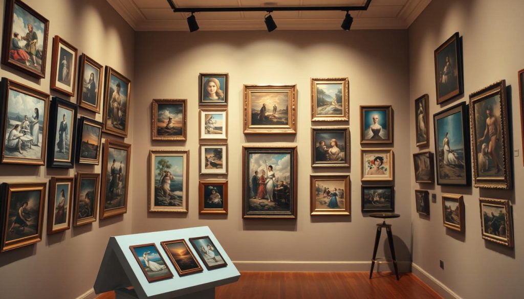 Elegant art gallery setting, with a carefully curated selection of framed paintings adorning the walls. The warm, ambient lighting creates a cozy, inviting atmosphere, drawing the viewer's attention to the diverse array of artwork. In the foreground, a modern, minimalist display stand showcases a few select pieces, inviting closer inspection. The middle ground features a mix of traditional and contemporary frames, each highlighting a unique artistic style and medium. The background is a subtle, neutral tone, allowing the artwork to take center stage and become the focal point of the composition. The overall scene exudes a sense of refined sophistication and artistic appreciation, suitable for an engaging and visually captivating YouTube décor.