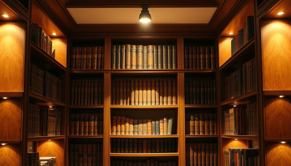 Elegant bookshelf backdrop with warm, atmospheric lighting. Softly illuminated shelves displaying a curated collection of leather-bound books, creating a cozy, intellectual ambiance. Gentle side lighting casts subtle shadows, highlighting the textures and details of the wooden shelving. A single, central spotlight gently washes over the scene, drawing the eye to the center focal point. The lighting is professional-grade, creating a high-quality, visually appealing environment for a book review video. Attention to composition and depth of field ensures a visually captivating, cinematic look.