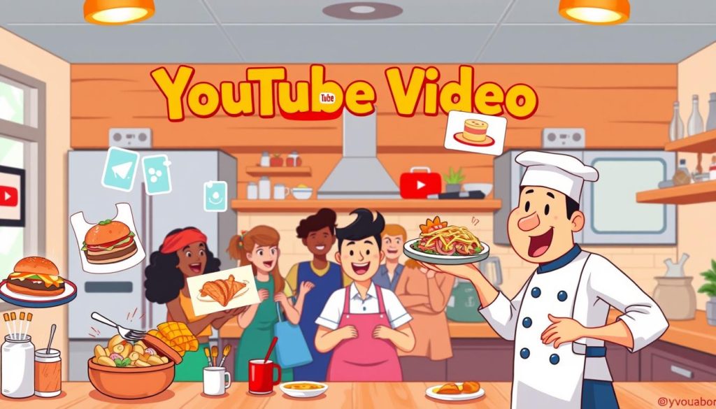 Vibrant and whimsical cartoon illustration showcasing a variety of enticing YouTube video ideas for a local restaurant. In the foreground, the restaurant chef animatedly presents signature dishes, surrounded by floating icons representing different content types like cooking tutorials, behind-the-scenes glimpses, and customer testimonials. In the middle ground, a group of engaged online viewers react with delight. The background features a stylized kitchen scene with playful kitchen utensils and appliances, conveying the energy and creativity of the restaurant's YouTube channel. Bright, warm lighting and a lively color palette capture the appealing and approachable nature of the content.
