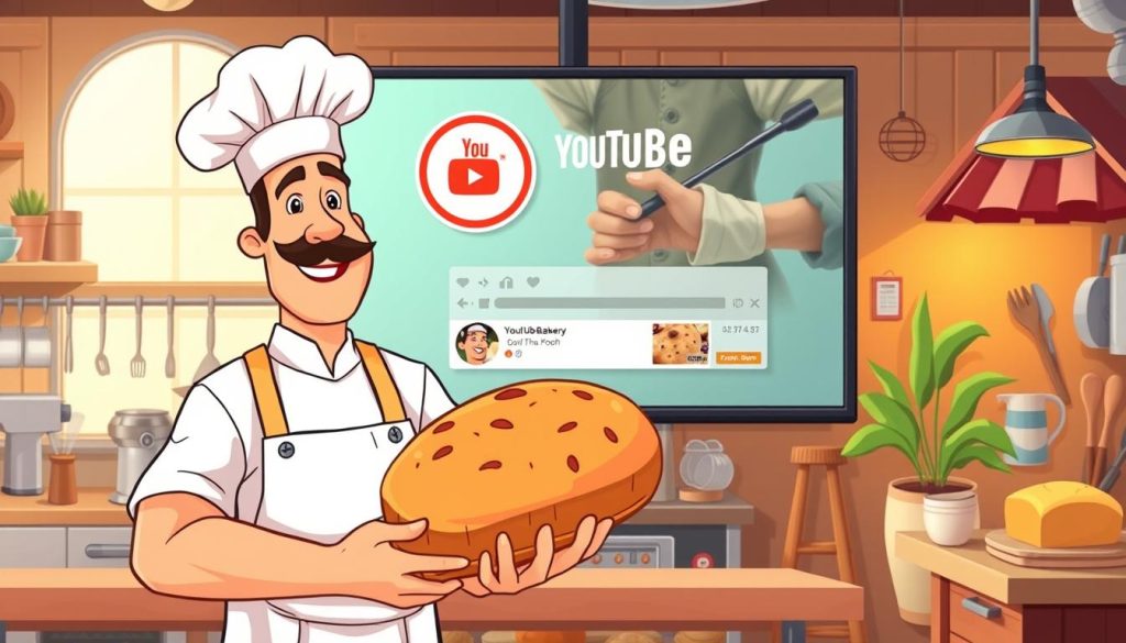 Vibrant cartoon-style illustration of a local bakery's YouTube channel advertisement. A friendly baker stands proudly in the foreground, showcasing a freshly baked loaf of bread. Behind him, a large screen displays the bakery's YouTube channel logo and content, attracting the attention of potential viewers. The middle ground features kitchen equipment and tools, hinting at the channel's focus on the art of baking. The background depicts a cozy, neighborhood setting with warm lighting, conveying a sense of community and local appeal. The overall mood is inviting, highlighting the bakery's passion for its craft and desire to share its expertise with a wider audience through its YouTube channel.