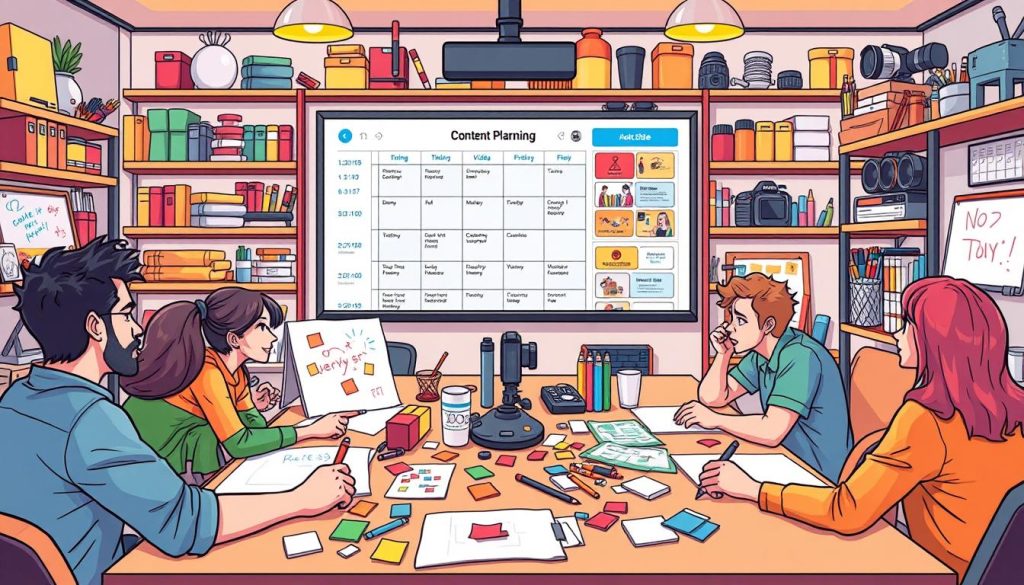 Vibrant digital illustration depicting a content planning session. In the foreground, a creative team sits around a table, brainstorming ideas and sketching on whiteboards. Colorful sticky notes and markers litter the surface, capturing their collaborative process. The middle ground features a large screen displaying a content calendar, with icons and timelines mapping out their video production schedule. In the background, shelves brimming with art supplies, cameras, and other creative tools set the scene of a lively, well-equipped studio. The overall mood is one of focused, cartoonish energy, conveying the excitement of planning an engaging YouTube channel around artistic pursuits. Vibrant digital illustration depicting a content planning session. In the foreground, a creative team sits around a table, brainstorming ideas and sketching on whiteboards. Colorful sticky notes and markers litter the surface, capturing their collaborative process. The middle ground features a large screen displaying a content calendar, with icons and timelines mapping out their video production schedule. In the background, shelves brimming with art supplies, cameras, and other creative tools set the scene of a lively, well-equipped studio. The overall mood is one of focused, cartoonish energy, conveying the excitement of planning an engaging YouTube channel around artistic pursuits.