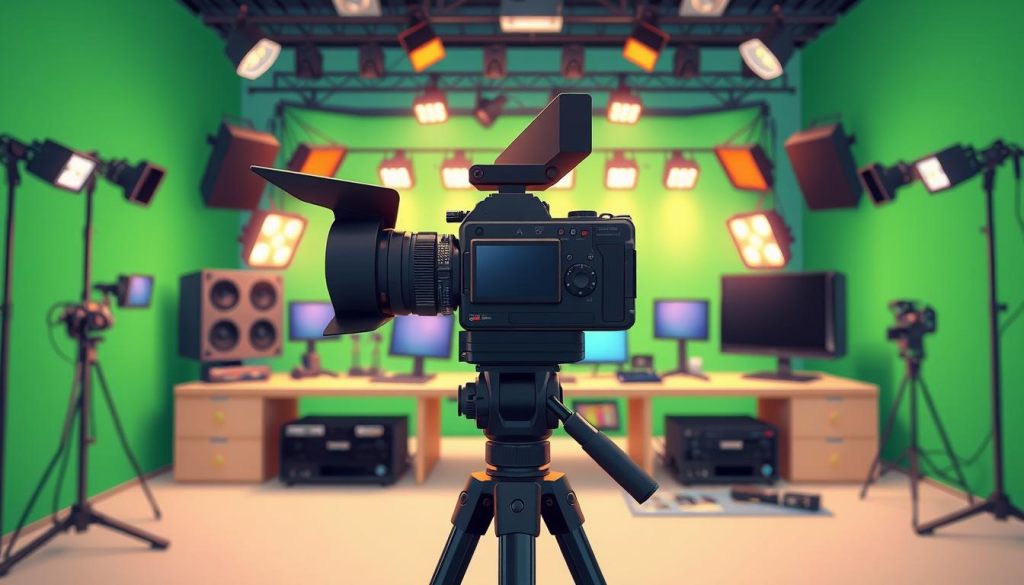 Whimsical digital art depicting a well-equipped video production studio. In the foreground, a sleek and modern camera on a sturdy tripod, its lens focused intently. Behind it, an array of professional lighting fixtures casting a warm, cinematic glow. In the middle ground, an assortment of high-end microphones, audio mixers, and video monitors, all neatly organized on a clean, minimalist desk. In the background, a dynamic green screen backdrop, ready to transport the scene to any virtual environment. The overall atmosphere is one of creativity, innovation, and the boundless possibilities of video production, perfect for showcasing the tools of the trade for a crafting-focused YouTube channel. Whimsical digital art depicting a well-equipped video production studio. In the foreground, a sleek and modern camera on a sturdy tripod, its lens focused intently. Behind it, an array of professional lighting fixtures casting a warm, cinematic glow. In the middle ground, an assortment of high-end microphones, audio mixers, and video monitors, all neatly organized on a clean, minimalist desk. In the background, a dynamic green screen backdrop, ready to transport the scene to any virtual environment. The overall atmosphere is one of creativity, innovation, and the boundless possibilities of video production, perfect for showcasing the tools of the trade for a crafting-focused YouTube channel.