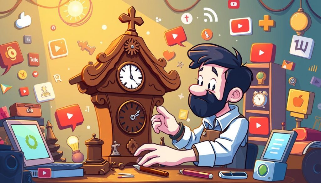 Whimsical social media landscape, featuring a cartoon watchmaker tinkering with a cuckoo clock, surrounded by vibrant icons and symbols of online engagement. Warm, inviting lighting casts a cozy glow, drawing the viewer into this playful, imaginative realm. Emphasis on the creative process of promoting a niche YouTube channel, with subtle nods to the craft of horology. Composition balances dynamic elements with a sense of harmony, inviting the audience to engage with this unique digital opportunity.