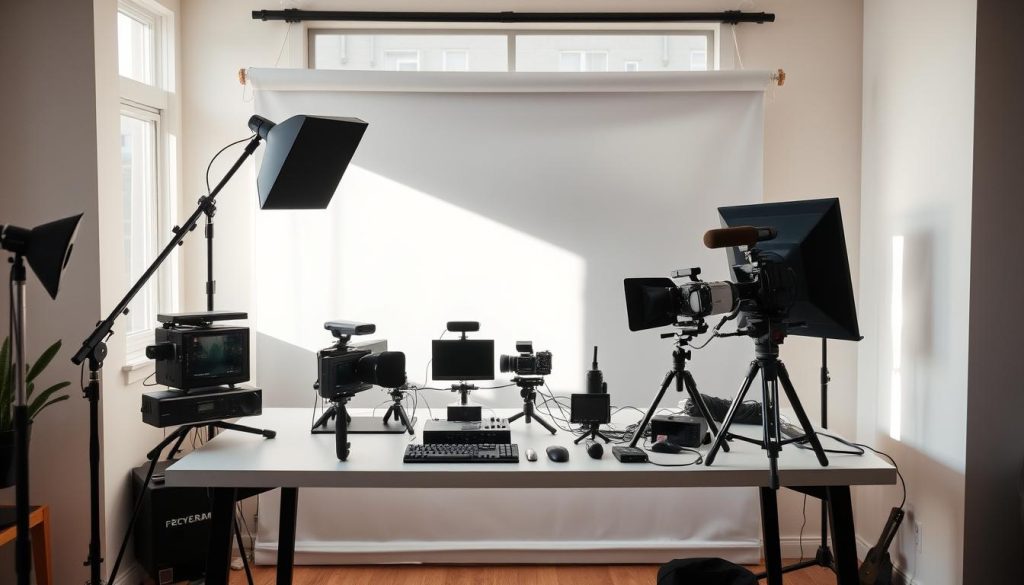 a cozy home studio setup with a professional-looking backdrop, featuring a variety of affordable yet high-quality production equipment neatly arranged on a clean, minimalist table. Soft natural lighting from a large window creates a warm, inviting atmosphere. The scene conveys a sense of simplicity and efficiency, showcasing how one can build an attractive, functional video recording setup without breaking the bank. Subtle textures and muted colors add visual interest, while the overall composition maintains a well-balanced, uncluttered layout.