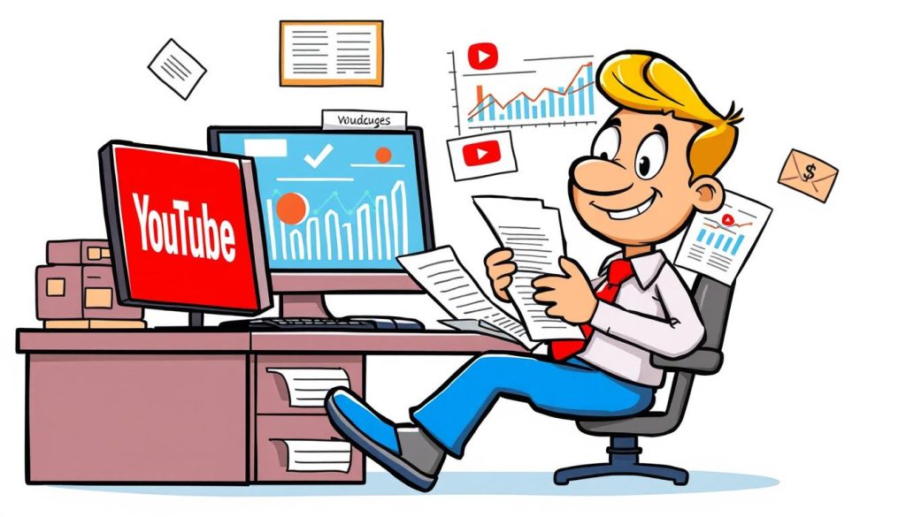 a dynamic illustration of a colorful cartoon character, likely a finance or business-themed figure, sitting at a computer desk and examining financial reports or analytics related to AdSense and YouTube revenue. The character should have an engaged, thoughtful expression, surrounded by various visual elements that convey the ideas of online content monetization, web analytics, and the management of video-based earnings. The scene should be well-lit, with a clean, minimalist background that allows the central character and the key financial details to take center stage, creating an informative and visually appealing image that supports the article's section on YouTube revenue and AdSense services.