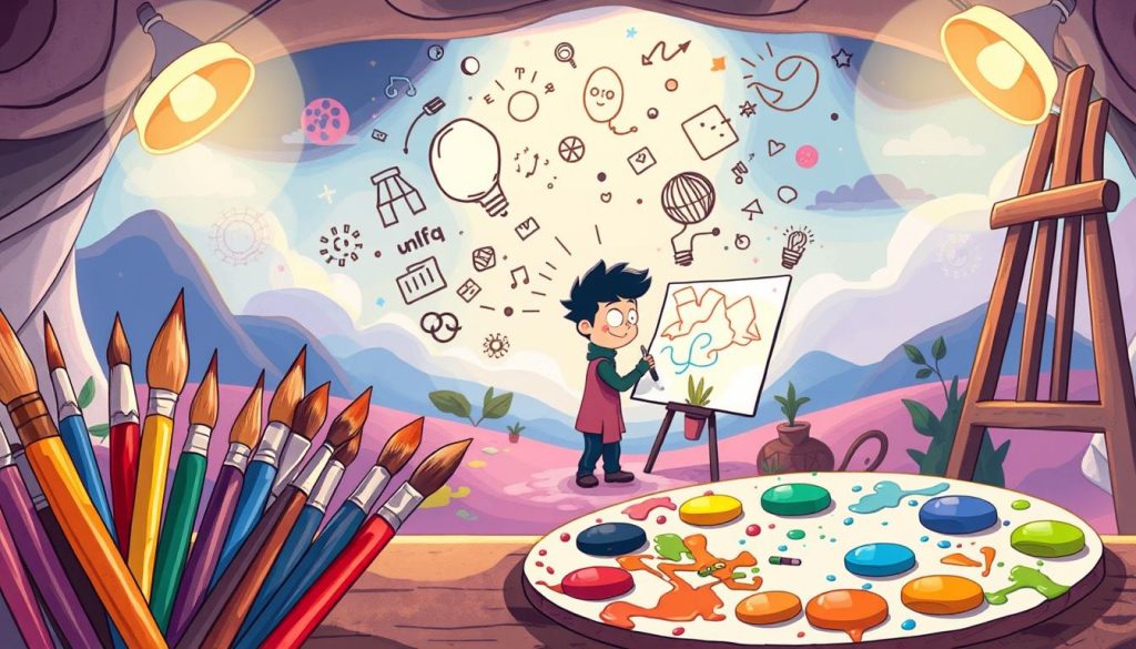 اصول تجربی و فنون عملی در هنر: A whimsical cartoon illustration depicting the creative process of an artist. In the foreground, a vibrant palette of paint brushes and a palette spattered with colorful hues. In the middle ground, a figure sketching intently, surrounded by floating concepts and ideas. The background features a dreamlike landscape with swirling shapes and abstract patterns, evoking a sense of artistic exploration and experimentation. The lighting is soft and warm, creating a cozy, inspirational atmosphere. The overall mood is one of joyful discovery, capturing the essence of hands-on, experience-driven art practices. اصول تجربی و فنون عملی در هنر: A whimsical cartoon illustration depicting the creative process of an artist. In the foreground, a vibrant palette of paint brushes and a palette spattered with colorful hues. In the middle ground, a figure sketching intently, surrounded by floating concepts and ideas. The background features a dreamlike landscape with swirling shapes and abstract patterns, evoking a sense of artistic exploration and experimentation. The lighting is soft and warm, creating a cozy, inspirational atmosphere. The overall mood is one of joyful discovery, capturing the essence of hands-on, experience-driven art practices.