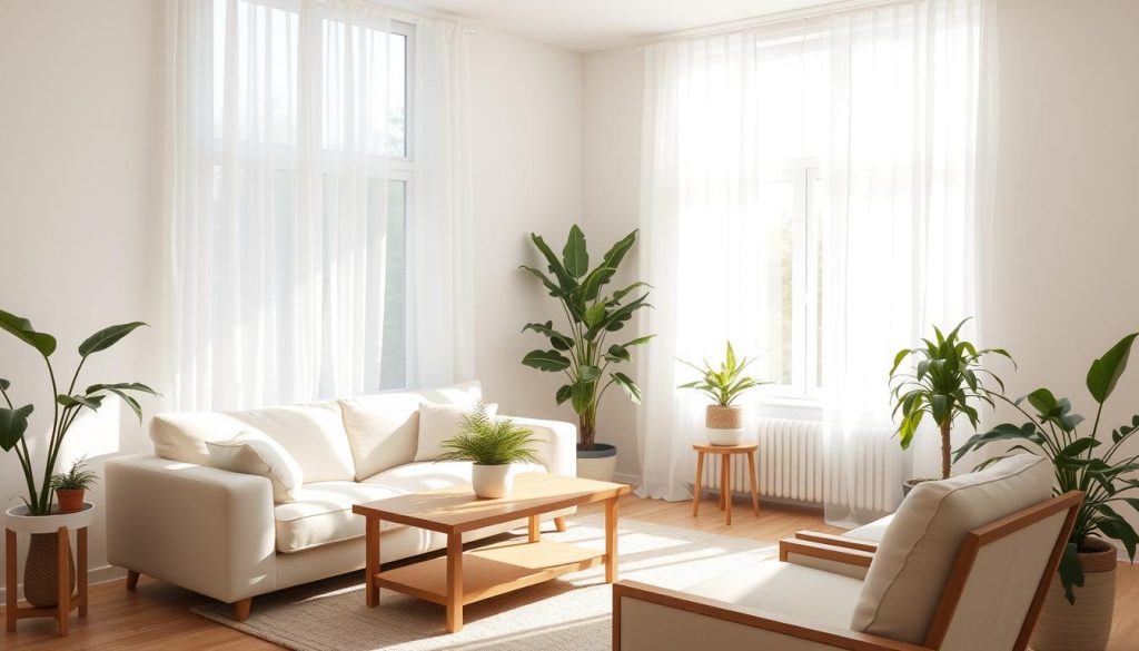 A bright, airy living room with natural light streaming in through large windows. Sunlight filters through sheer white curtains, casting a warm, diffused glow throughout the space. Soft shadows dance across the clean, minimalist furniture - a plush cream-colored sofa, a wooden coffee table, and a pair of armchairs. Potted plants and fresh greenery accent the scene, adding pops of natural color. The room exudes a sense of calm and tranquility, perfect for a cozy, relaxed lifestyle.