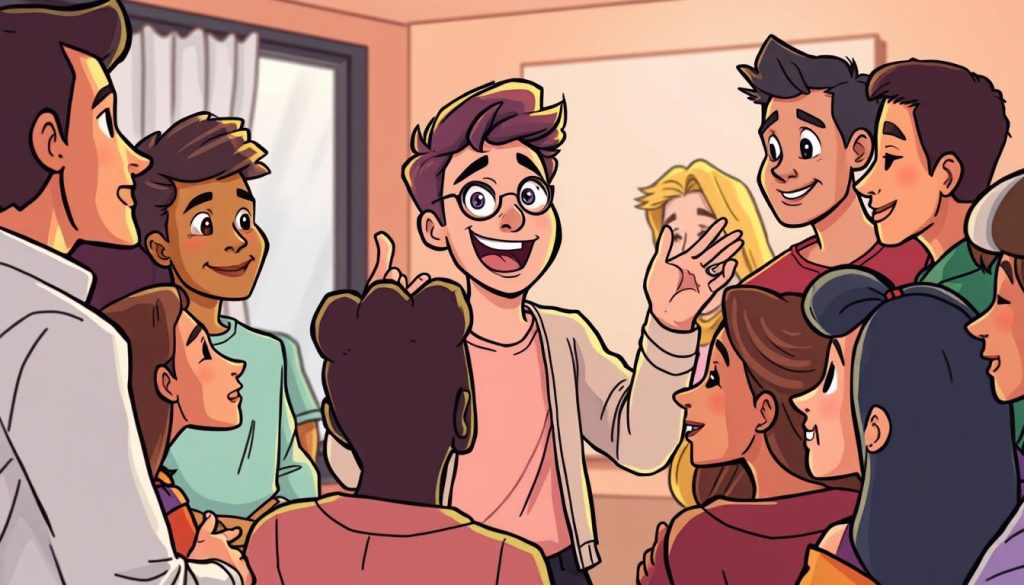 A captivating cartoon illustration of a YouTuber enthusiastically sharing personal experiences with a diverse audience. The YouTuber, drawn in a vibrant, expressive style, gestures animatedly while surrounded by an attentive crowd of viewers, their faces filled with rapt attention. The scene is set against a warm, inviting background, perhaps a cozy living room or a trendy studio space, bathed in soft, natural lighting that enhances the sense of intimacy and connection. The overall mood is one of genuine engagement and authentic storytelling, perfectly capturing the essence of how to effectively captivate an audience through the power of personal narratives.