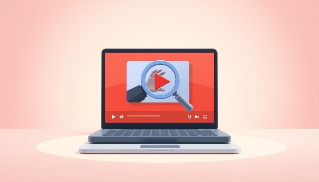 A cartoon illustration of a laptop screen with a video player interface. The screen shows a YouTube-style video player with playback controls and a thumbnail image. The thumbnail depicts a person gesturing towards the camera, with a magnifying glass icon overlaid, indicating search engine optimization (SEO) for the video content. The background is a soft, pastel-colored gradient, creating a warm and inviting atmosphere. The entire scene is lit by a soft, directional light source, casting gentle shadows and highlights to accentuate the 3D elements. The overall composition emphasizes the importance of video SEO in a visually engaging and conceptual manner.