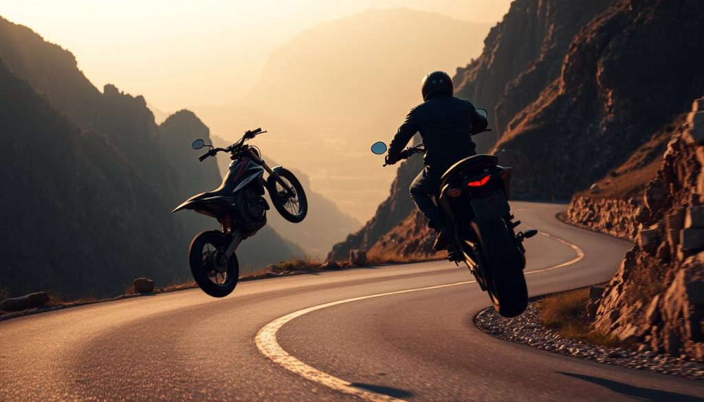 A cinematic scene of a motorcycle stunting on a winding mountain road, the rider's action captured mid-maneuver. The foreground showcases the motorcycle in mid-air, the rider's limbs extended with tension and focus. The middle ground features the dramatic backdrop of rugged cliffs and a distant valley, bathed in warm golden light. The background is shrouded in mist, creating a sense of mystery and isolation. The overall mood is one of intensity, risk, and the thrill of the ride, reflecting the challenges faced by the YouTuber whose video content has been restricted or removed due to platform policies.