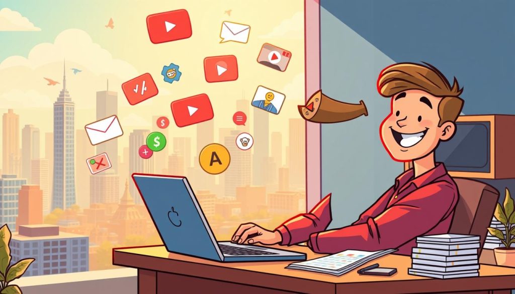A colorful and engaging cartoon illustration depicting the process of calculating YouTube income from various video ideas. In the foreground, a smiling YouTuber is sitting at a desk, surrounded by charts, graphs, and a laptop, symbolizing the analytical side of monetizing content. In the middle ground, vibrant icons representing different video genres, such as tutorials, vlogs, and gaming, float around, suggesting the diverse revenue streams. In the background, a cityscape with skyscrapers and a bright, sunny sky conveys a sense of growth, opportunity, and financial success. The lighting is warm and welcoming, and the overall tone is one of optimism and achievement.