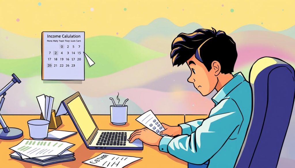 A colorful cartoon illustration depicting a person sitting at a desk, intently calculating financial figures on a laptop computer. The foreground shows the person's focused expression as they work, with various financial documents and a calculator visible on the desk. The middle ground features a wall calendar, a cup of coffee, and other office supplies, conveying a sense of a productive workspace. The background includes a vibrant, abstract pattern or landscape, creating a visually engaging and conceptual representation of the idea of "income calculation." The lighting is soft and natural, creating a warm and inviting atmosphere. The overall composition and style are optimized for a clear, engaging, and impactful visual representation of the given topic.