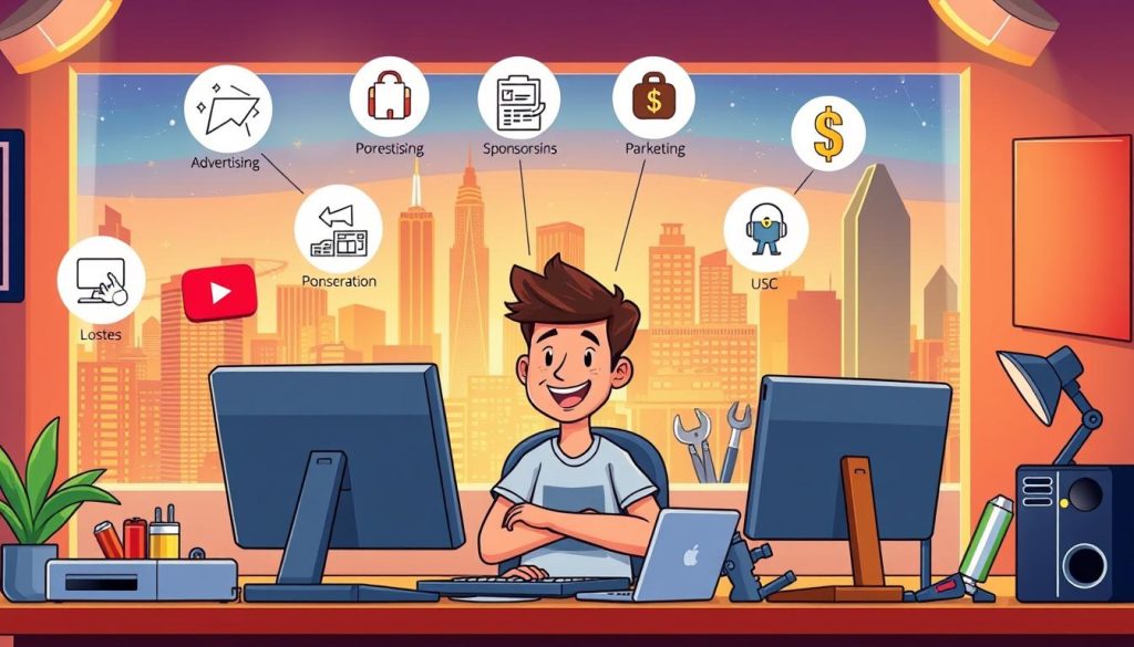 A colorful, cartoon-style illustration depicting the various sources of income for a successful YouTube channel focused on laptop and computer repair. In the foreground, a cheerful YouTuber sits at a desk, surrounded by a desktop computer, laptop, and various tools. The middle ground showcases different revenue streams, such as advertising, sponsorships, and affiliate marketing, represented by icons and dollar signs. The background features a vibrant cityscape, hinting at the global reach and potential of the channel. The lighting is warm and inviting, creating a sense of excitement and opportunity. The overall composition conveys the dynamic and lucrative nature of earning income through a well-executed YouTube channel in the tech repair niche. A colorful, cartoon-style illustration depicting the various sources of income for a successful YouTube channel focused on laptop and computer repair. In the foreground, a cheerful YouTuber sits at a desk, surrounded by a desktop computer, laptop, and various tools. The middle ground showcases different revenue streams, such as advertising, sponsorships, and affiliate marketing, represented by icons and dollar signs. The background features a vibrant cityscape, hinting at the global reach and potential of the channel. The lighting is warm and inviting, creating a sense of excitement and opportunity. The overall composition conveys the dynamic and lucrative nature of earning income through a well-executed YouTube channel in the tech repair niche.