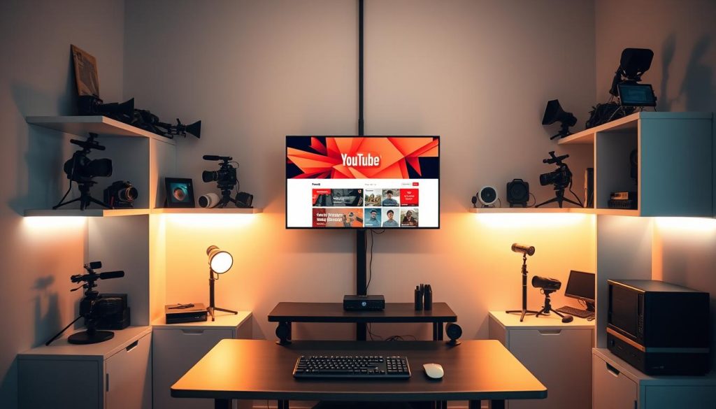 A cozy YouTube studio with a minimalist, modern aesthetic. The centerpiece is a sleek, suspended monitor displaying a vibrant YouTube homepage. Surrounding it, modular shelving units hold an array of videography equipment - cameras, lights, and microphones. The space is bathed in warm, diffused lighting, creating a welcoming, professional ambiance. In the foreground, a compact desk features a keyboard, mouse, and other productivity tools. The overall composition evokes a sense of thoughtful, streamlined design to optimize for both work and content creation.